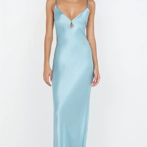 SOLD Bec & Bridge Backless Satin Dress in Sky Blue. Worn 1x, like new.